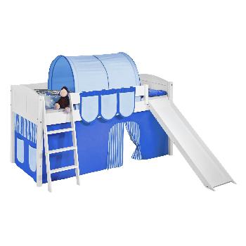 Idense White Wooden Ida Midsleeper - Blue - With slide, curtain and slats - Continental Single
