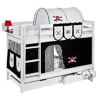 Idense White Wooden Jelle Bunk Bed - Pirate Black and White - With curtain and slats - Single