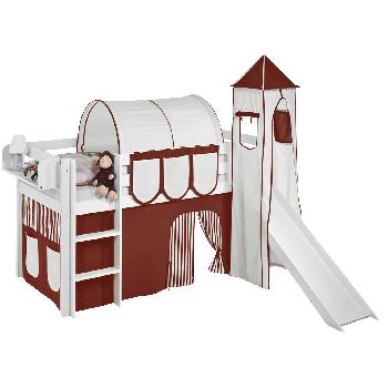 Idense White Wooden Jelle Midsleeper - Brown - With slide, tower, curtain and slats - Single