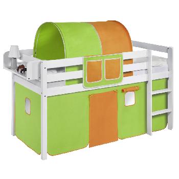 Idense White Wooden Jelle Midsleeper - Green and Orange - With curtain and slats - Single