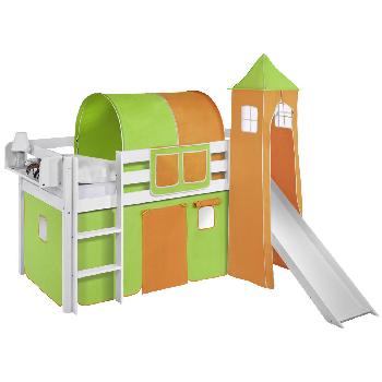 Idense White Wooden Jelle Midsleeper - Green and Orange - With slide, tower, curtain and slats - Single