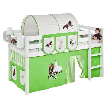 Idense White Wooden Jelle Midsleeper - Horses Green - With curtain and slats - Single