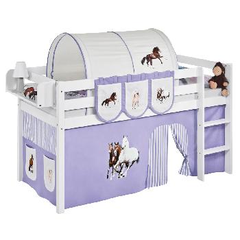 Idense White Wooden Jelle Midsleeper - Horses Lilac - With curtain and slats - Single