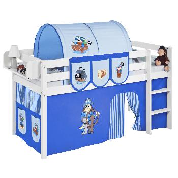 Idense White Wooden Jelle Midsleeper - Pirate Blue - With curtain and slats - Single