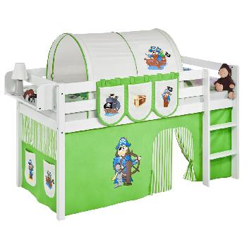 Idense White Wooden Jelle Midsleeper - Pirate Green - With curtain and slats - Single