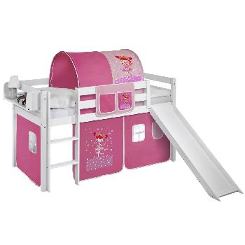 Idense White Wooden Jelle Midsleeper - Princess - With slide, curtain and slats - Single
