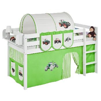 Idense White Wooden Jelle Midsleeper - Tractor Green - With curtain and slats - Single