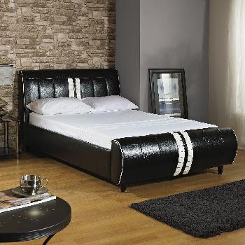 Angel Leather Bed Frame Double Black with White Stripe