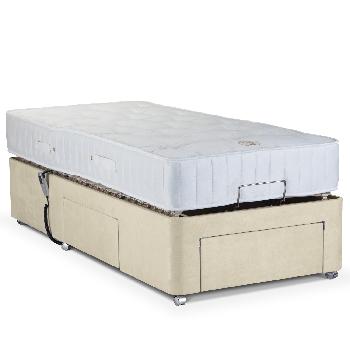 Deep Adjustable Bed with Pocket 1000 Mattress - Faux Suede - Single - Without Massage Unit - Cream Faux Suede - 2 Drawers (Right)