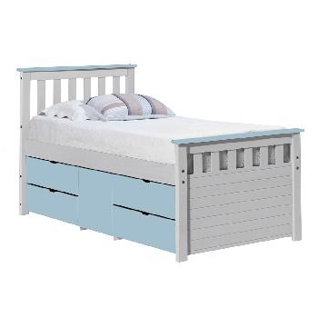 Ferrara Long Single Captains Storage Bed White with Baby Blue