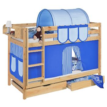 Idense Pine Wooden Jelle Bunk Bed - Blue - With curtain and slats - Continental Single