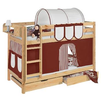 Idense Pine Wooden Jelle Bunk Bed - Brown - With curtain and slats - Continental Single