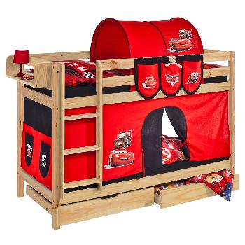 Idense Pine Wooden Jelle Bunk Bed - Disney Cars - With curtain and slats - Continental Single