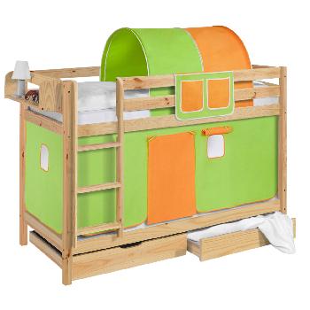 Idense Pine Wooden Jelle Bunk Bed - Green and Orange - With curtain and slats - Continental Single