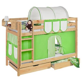 Idense Pine Wooden Jelle Bunk Bed - Green - With curtain and slats - Continental Single