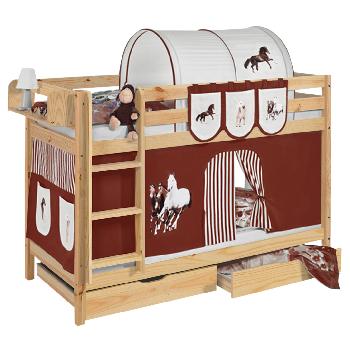 Idense Pine Wooden Jelle Bunk Bed - Horses Brown - With curtain and slats - Continental Single