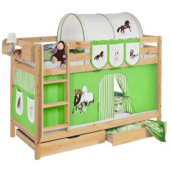 Idense Pine Wooden Jelle Bunk Bed - Horses Green - With curtain and slats - Continental Single