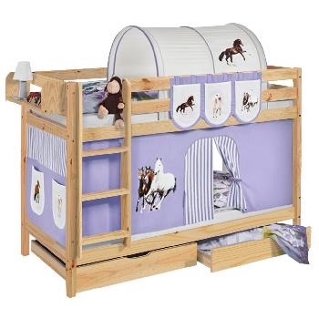 Idense Pine Wooden Jelle Bunk Bed - Horses Lilac - With curtain and slats - Continental Single