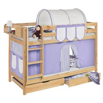 Idense Pine Wooden Jelle Bunk Bed - Lilac - With curtain and slats - Continental Single