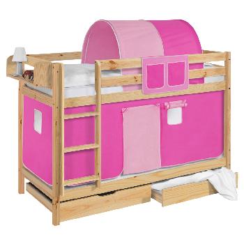 Idense Pine Wooden Jelle Bunk Bed - Pink - With curtain and slats - Continental Single