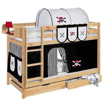 Idense Pine Wooden Jelle Bunk Bed - Pirate Black and Pine - With curtain and slats - Continental Single