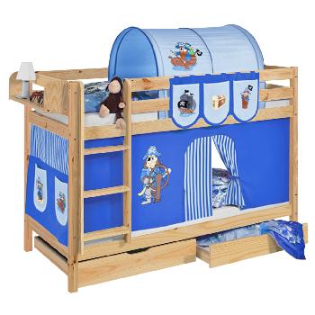 Idense Pine Wooden Jelle Bunk Bed - Pirate Blue - With curtain and slats - Continental Single