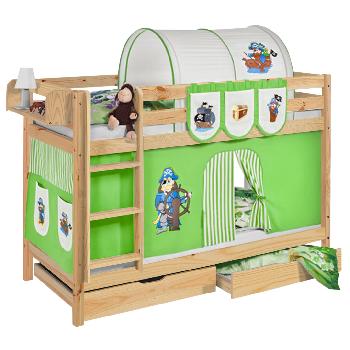 Idense Pine Wooden Jelle Bunk Bed - Pirate Green - With curtain and slats - Continental Single