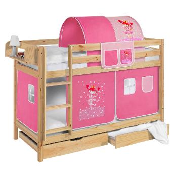 Idense Pine Wooden Jelle Bunk Bed - Princess - With curtain and slats - Continental Single