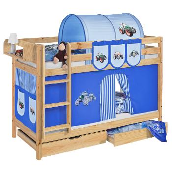 Idense Pine Wooden Jelle Bunk Bed - Tractor Blue - With curtain and slats - Continental Single