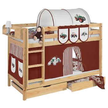 Idense Pine Wooden Jelle Bunk Bed - Tractor Brown - With curtain and slats - Continental Single