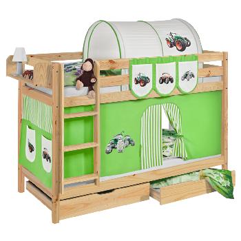 Idense Pine Wooden Jelle Bunk Bed - Tractor Green - With curtain and slats - Continental Single