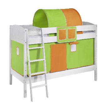 Idense White Wooden Ida Bunk Bed - Green and Orange - With curtain and slats - Continental Single