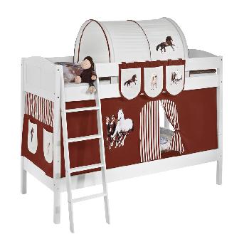 Idense White Wooden Ida Bunk Bed - Horses Brown - With curtain and slats - Continental Single