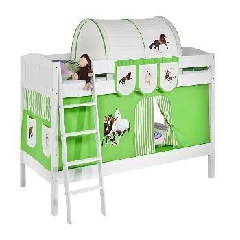 Idense White Wooden Ida Bunk Bed - Horses Green - With curtain and slats - Continental Single