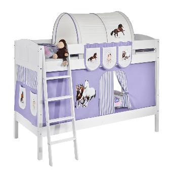 Idense White Wooden Ida Bunk Bed - Horses Lilac - With curtain and slats - Continental Single