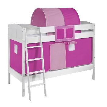 Idense White Wooden Ida Bunk Bed - Pink - With curtain and slats - Continental Single