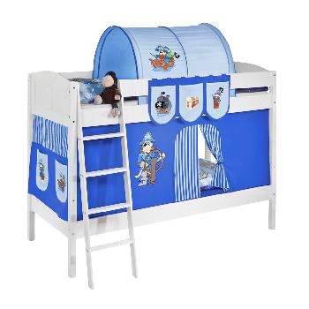 Idense White Wooden Ida Bunk Bed - Pirate Blue - With curtain and slats - Continental Single