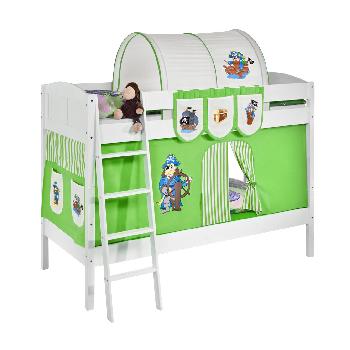 Idense White Wooden Ida Bunk Bed - Pirate Green - With curtain and slats - Continental Single