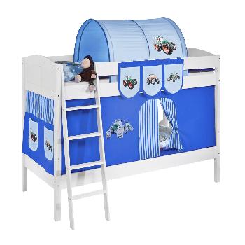Idense White Wooden Ida Bunk Bed - Tractor Blue - With curtain and slats - Continental Single