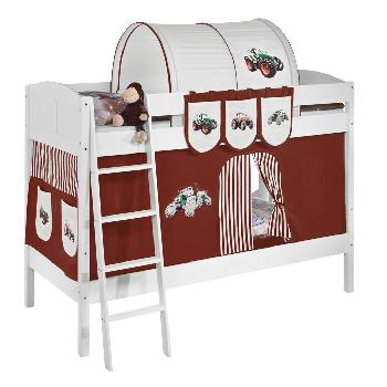 Idense White Wooden Ida Bunk Bed - Tractor Brown - With curtain and slats - Continental Single