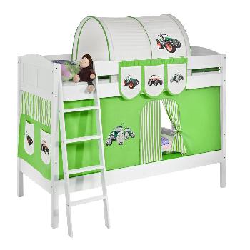 Idense White Wooden Ida Bunk Bed - Tractor Green - With curtain and slats - Continental Single