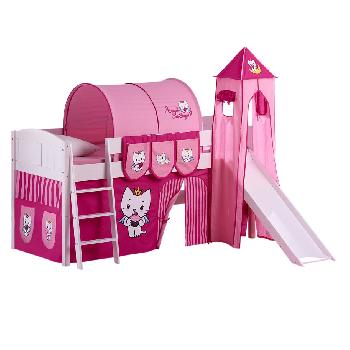 Idense White Wooden Ida Midsleeper - Angel Cat Sugar - With slide, tower, curtain and slats - Continental Single
