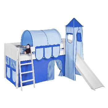 Idense White Wooden Ida Midsleeper - Blue - With slide, tower, curtain and slats - Continental Single