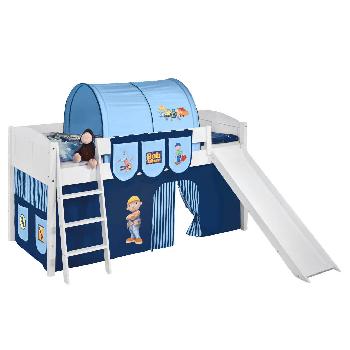Idense White Wooden Ida Midsleeper - Bob the Builder - With slide, curtain and slats - Continental Single