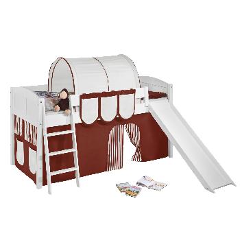 Idense White Wooden Ida Midsleeper - Brown - With slide, curtain and slats - Continental Single