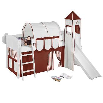 Idense White Wooden Ida Midsleeper - Brown - With slide, tower, curtain and slats - Continental Single