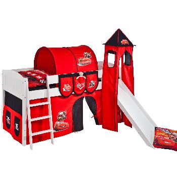 Idense White Wooden Ida Midsleeper - Disney Cars - With slide, tower, curtain and slats - Continental Single