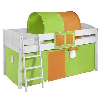 Idense White Wooden Ida Midsleeper - Green and Orange - With curtain and slats - Continental Single