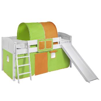 Idense White Wooden Ida Midsleeper - Green and Orange - With slide, curtain and slats - Continental Single