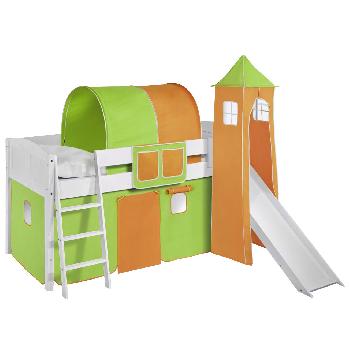 Idense White Wooden Ida Midsleeper - Green and Orange - With slide, tower, curtain and slats - Continental Single